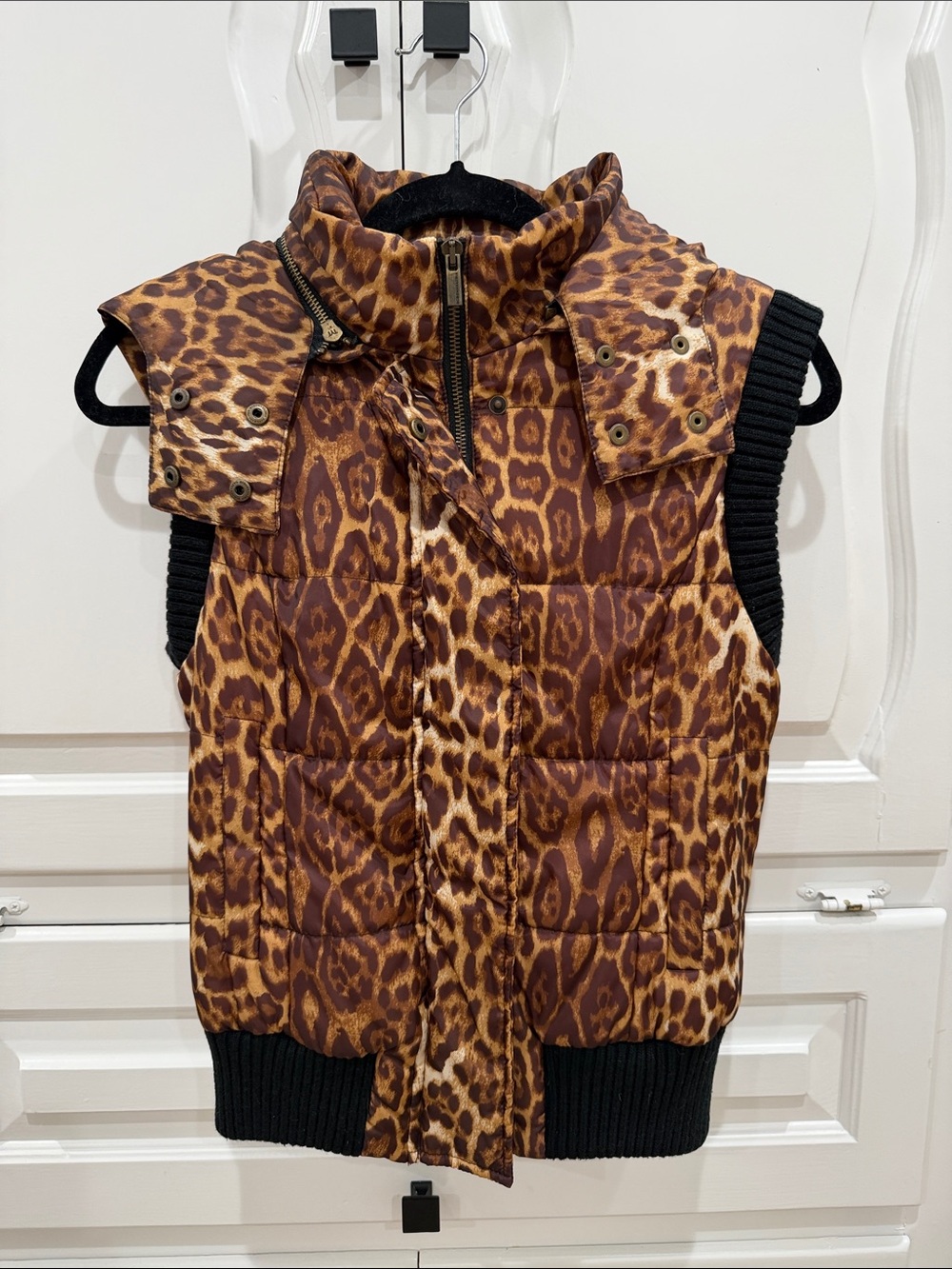 BCBGMaxAzria Leopard Print Puffer Vest with Removable Hood
